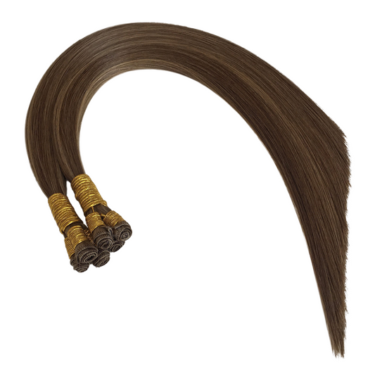 Hand Tied Weft Hair Extensions by Real Hair Co - Light Mixed Brown #8/4 - 100% Remy Human Hair - REAL HAIR CO